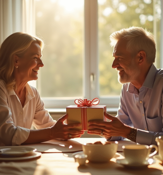 Couple d'âge moyen échangeant un cadeau au petit déjeuner