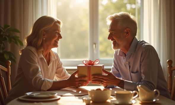 Couple d'âge moyen échangeant un cadeau au petit déjeuner
