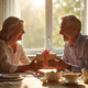 Couple d'âge moyen échangeant un cadeau au petit déjeuner