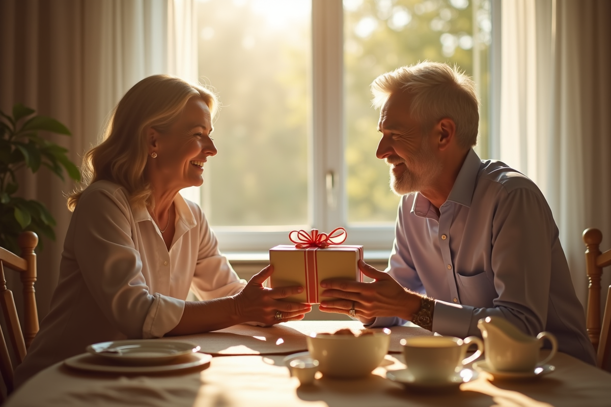 Couple d'âge moyen échangeant un cadeau au petit déjeuner