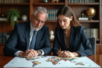Couple d'adultes en réunion avec carte du monde