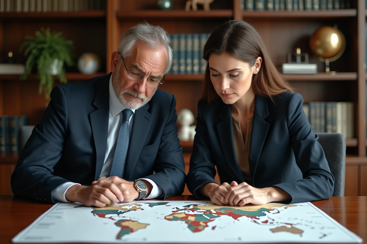 Couple d'adultes en réunion avec carte du monde