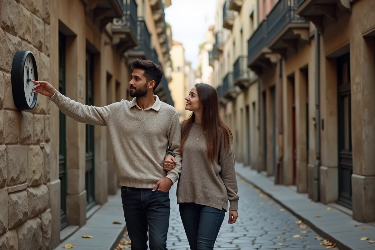Couple découvrant l'heure miroir 14h41 sur une horloge de rue en automne, signe pour leur relation amoureuse