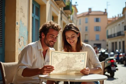Jeune couple étudiant un plan de Marseille en terrasse de café dans un quartier historique