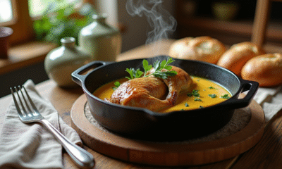 Table rustique avec plat de lapin en sauce moutarde
