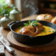 Table rustique avec plat de lapin en sauce moutarde