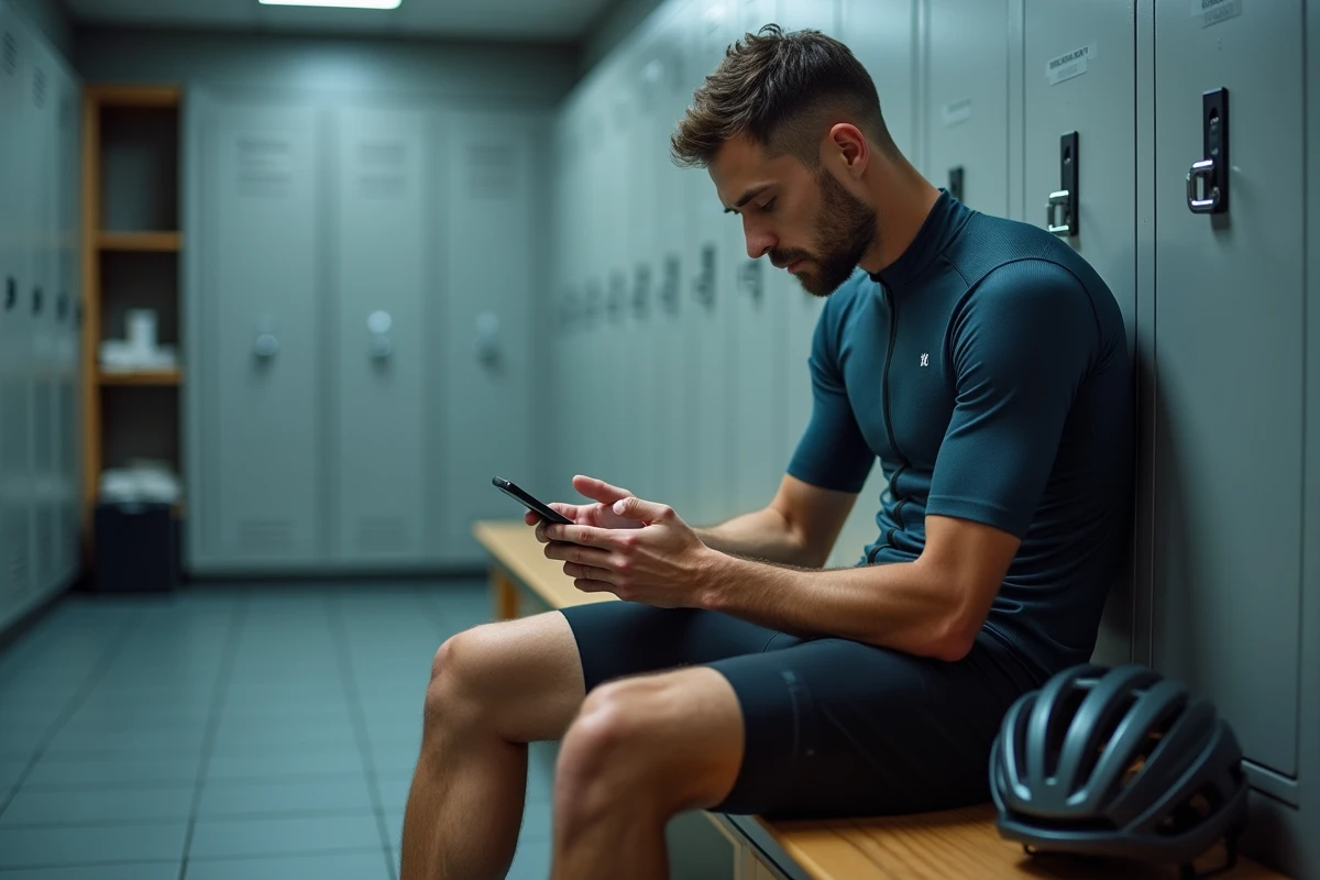 Cycliste consultant son planning hebdomadaire alternance semaines paires impaires sur smartphone dans un vestiaire sportif