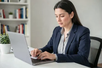 Femme utilisant un ordinateur portable pour effectuer une demande de carte d'identité en ligne depuis son bureau à domicile