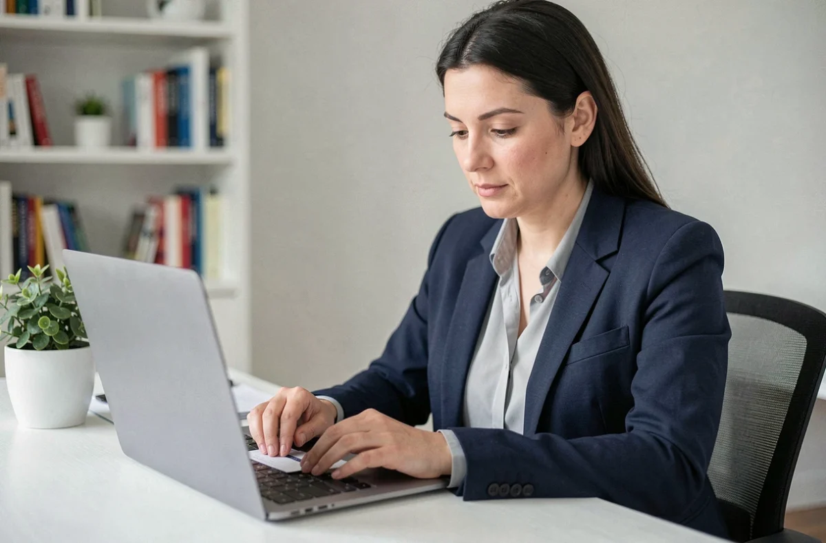 Femme utilisant un ordinateur portable pour effectuer une demande de carte d'identité en ligne depuis son bureau à domicile