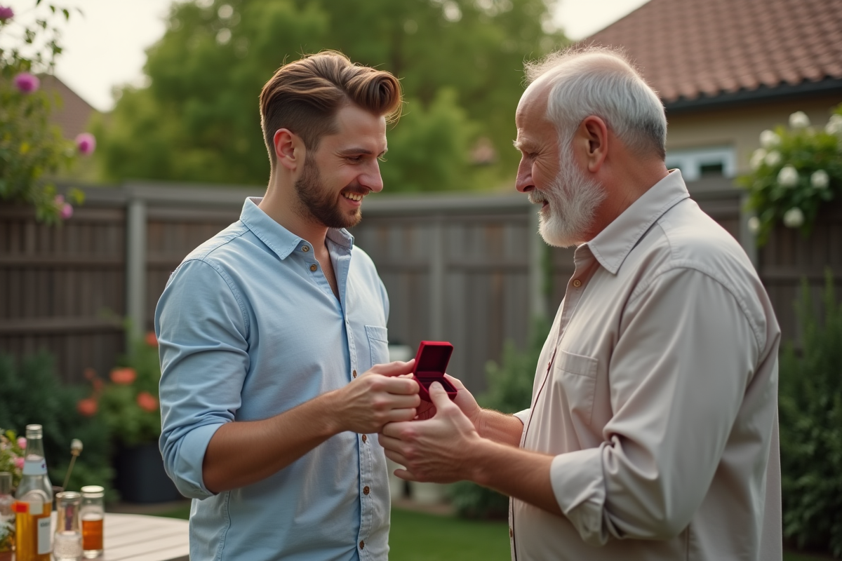 Jeune homme présentant une bague à son futur beau-père dans le jardin