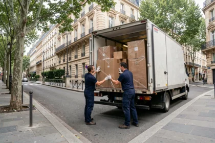 Équipe de déménageurs professionnels chargeant un camion blanc dans une rue résidentielle de Levallois-Perret