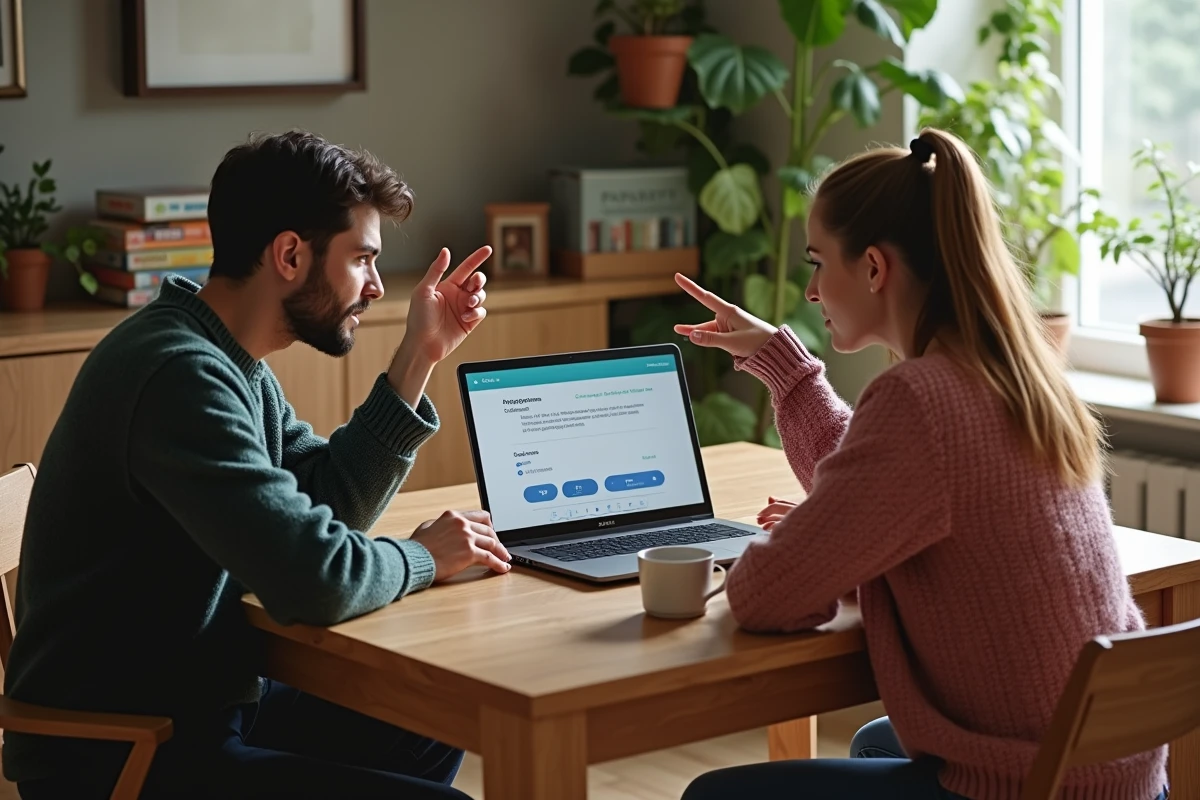 Homme et femme discutent des mods Sims 4 à une table dans un salon lumineux