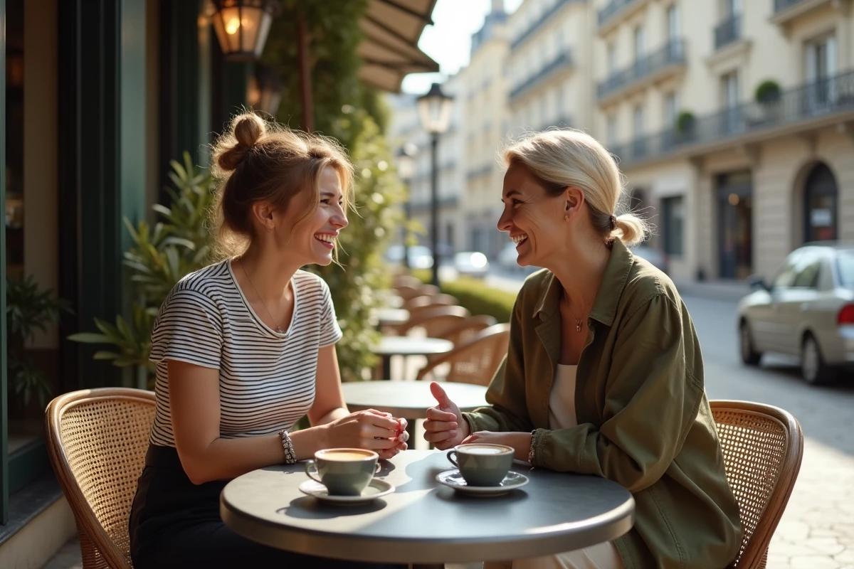 Deux humoristes françaises en conversation animée dans un café parisien, riant ensemble autour d'un café
