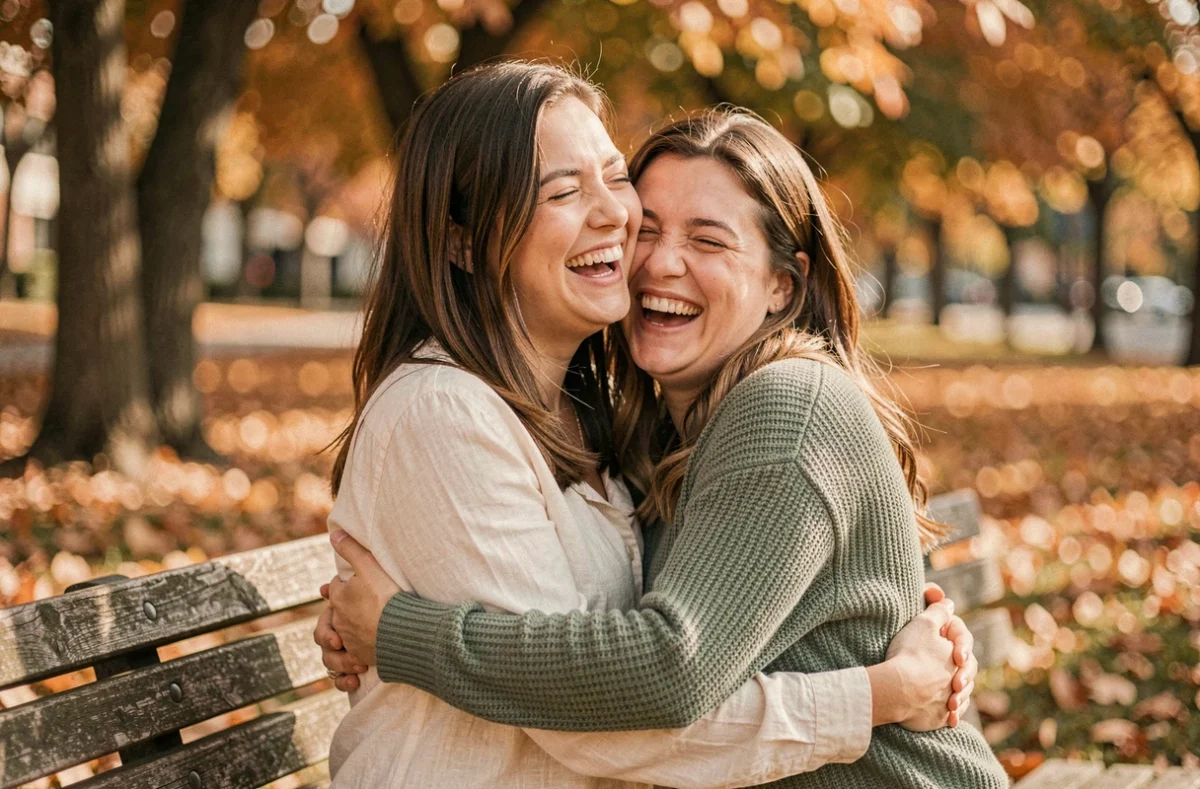 Deux amies qui s'embrassent chaleureusement dans un parc en automne, riant aux éclats sur un banc en bois