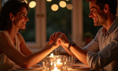 Couple tenant la main lors d'un dîner romantique aux bougies