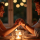 Couple tenant la main lors d'un dîner romantique aux bougies