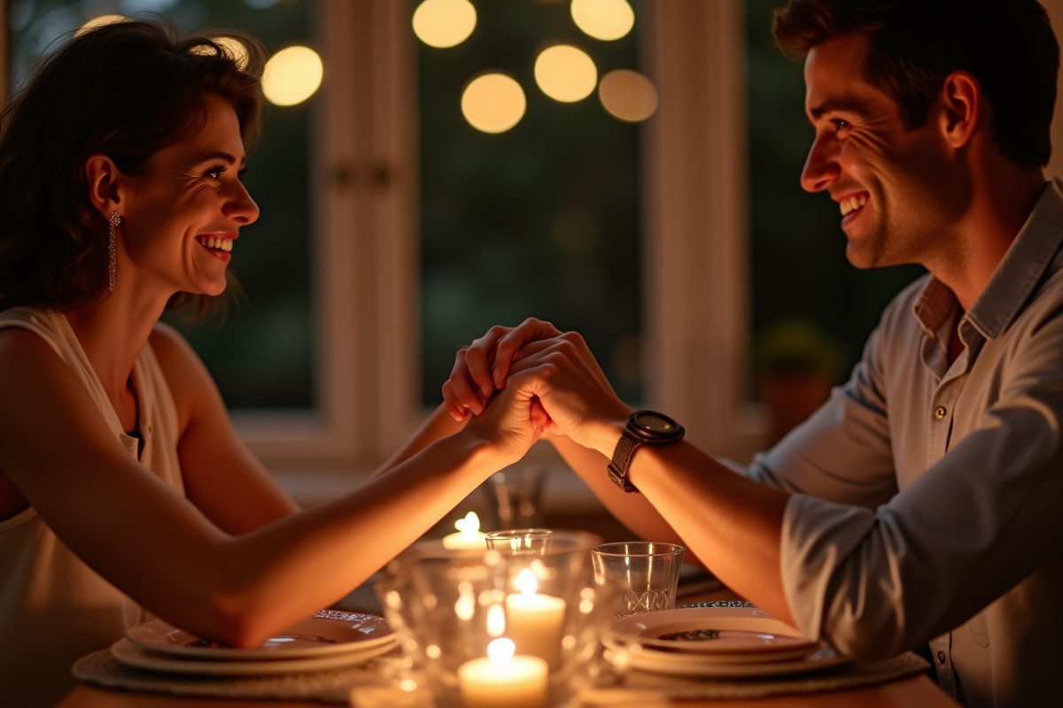 Couple tenant la main lors d'un dîner romantique aux bougies