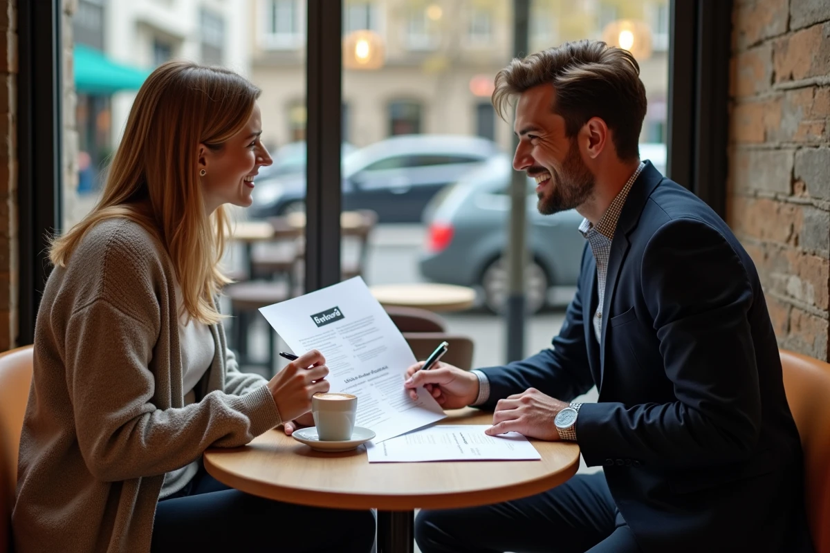 Deux professionnels discutant d'une stratégie de personal branding autour d'un café en ville
