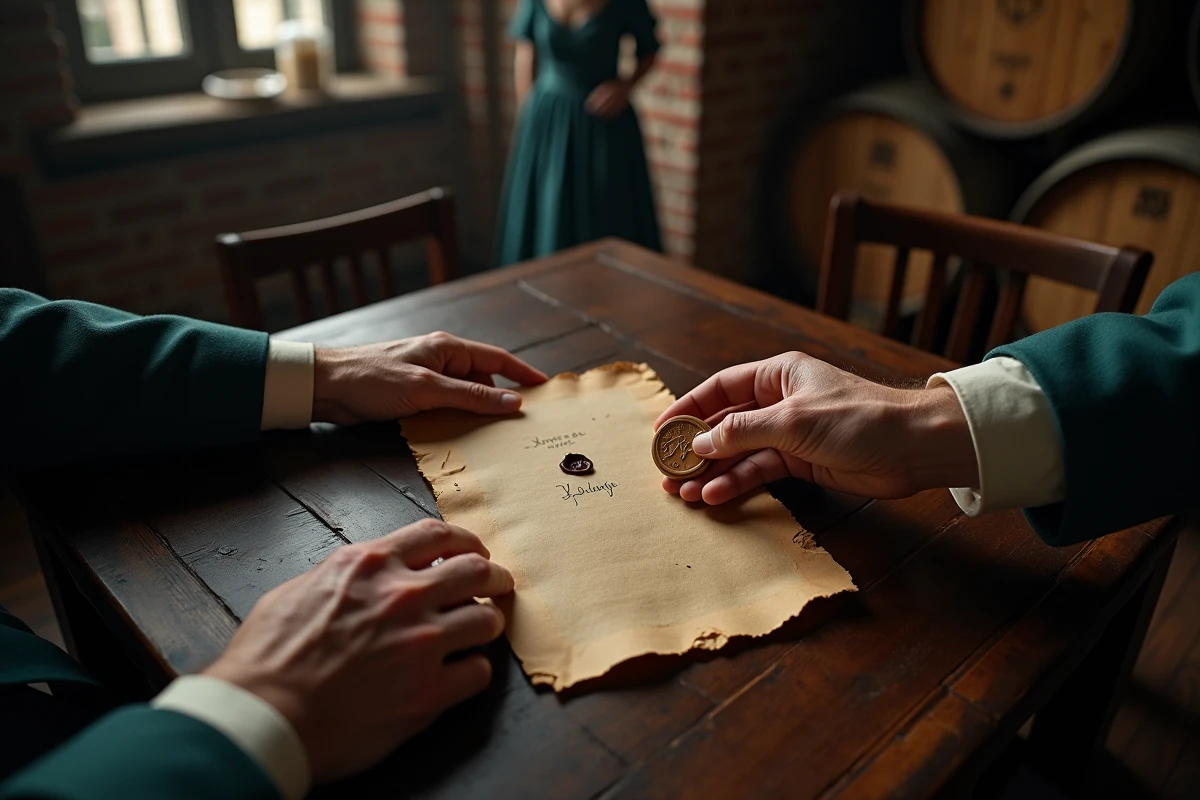 Deux mains échangeant une lettre scellée et un jeton gravé d'initiales dans une taverne portuaire ancienne, illustrant la transmission d'un nom et d'un secret familial