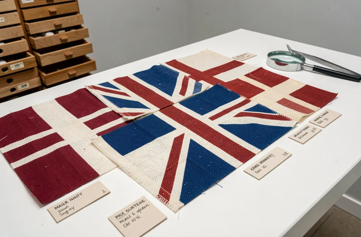 Gros plan sur des échantillons de drapeaux anglais en tissu avec étiquettes d'identification sur une table de conservation muséale