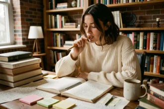 Jeune femme écrivaine relisant son manuscrit de roman young adult entourée de pages manuscrites et de livres dans un bureau cosy