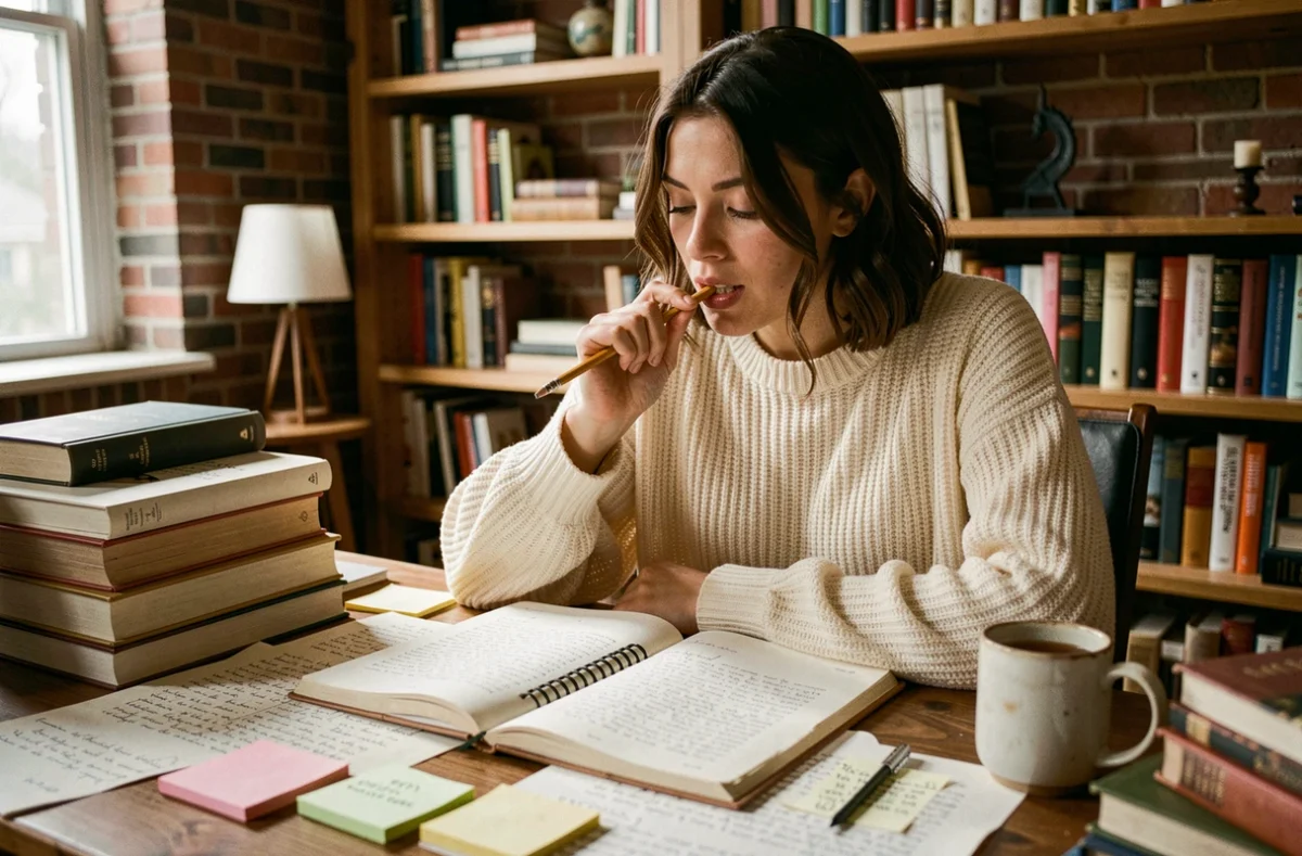 Jeune femme écrivaine relisant son manuscrit de roman young adult entourée de pages manuscrites et de livres dans un bureau cosy
