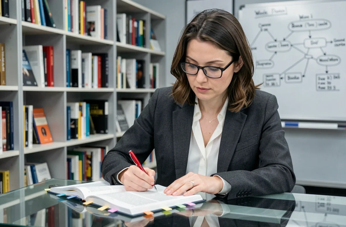 Éditrice annotant un manuscrit de roman young adult dans un bureau d'édition moderne, illustrant le travail de calibrage du nombre de mots