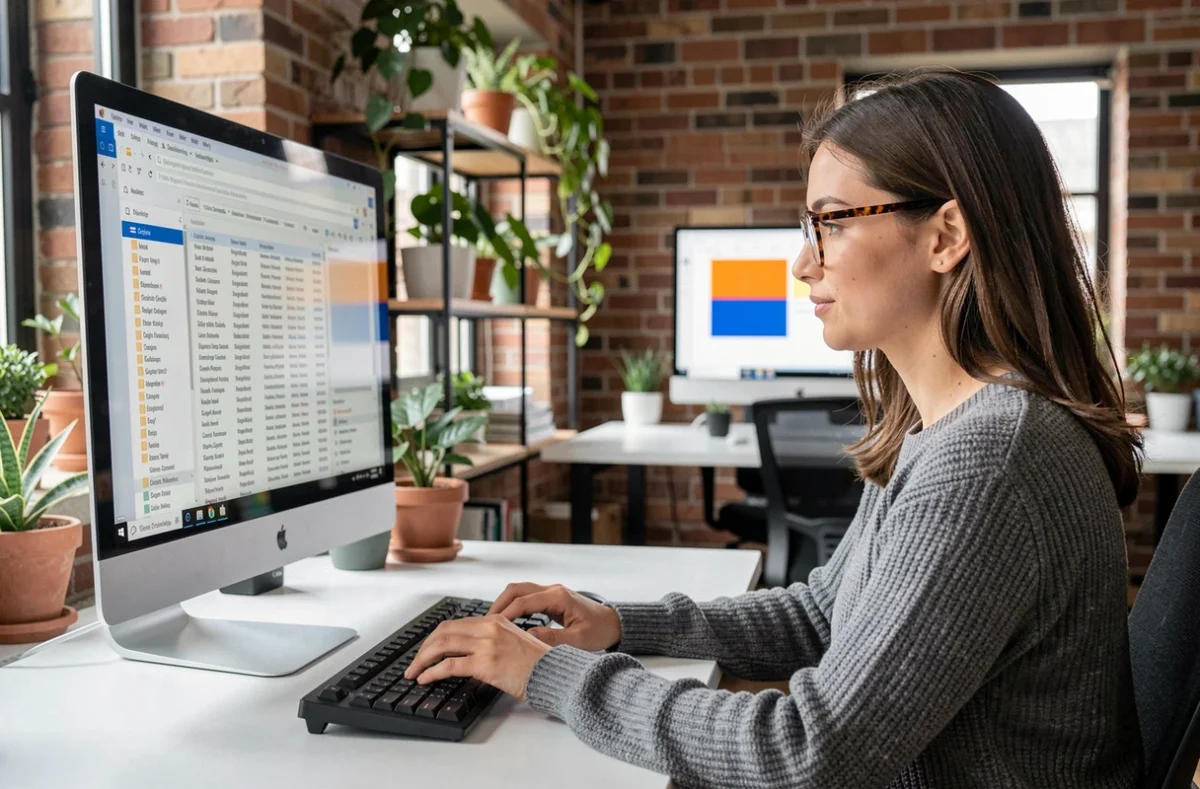 Jeune femme éditrice travaillant sur une base de données numérique des appellations de drapeaux anglais dans un bureau moderne