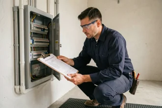 Électricien professionnel consultant une feuille de calcul de charge électrique devant un tableau de distribution résidentiel ouvert