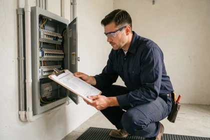 Électricien professionnel consultant une feuille de calcul de charge électrique devant un tableau de distribution résidentiel ouvert