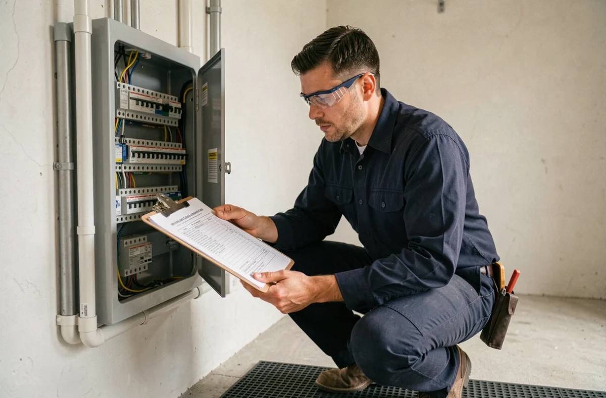 Électricien professionnel consultant une feuille de calcul de charge électrique devant un tableau de distribution résidentiel ouvert