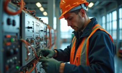 Électricien travaillant sur un circuit complexe dans un bâtiment moderne