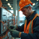 Électricien travaillant sur un circuit complexe dans un bâtiment moderne