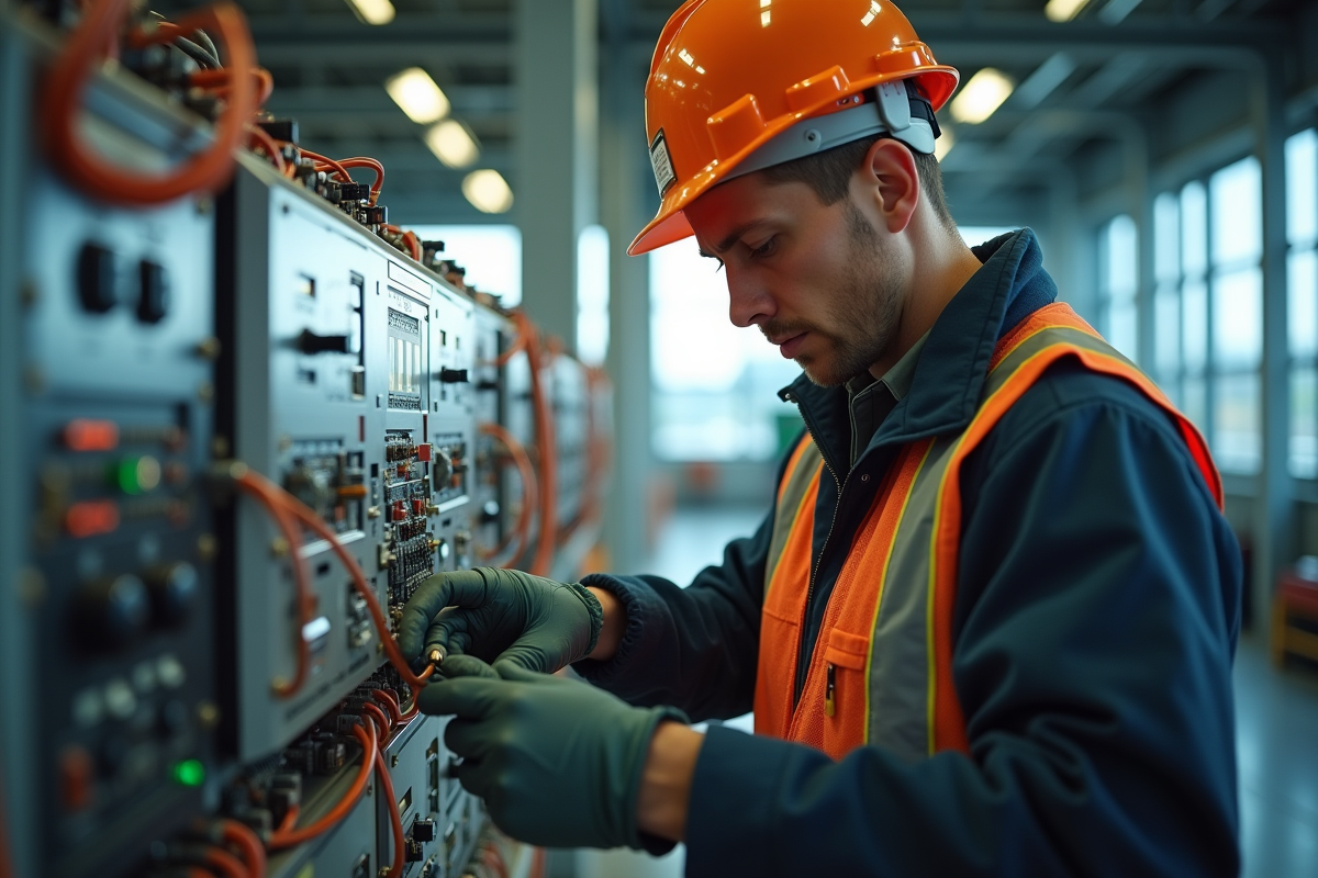 Électricien travaillant sur un circuit complexe dans un bâtiment moderne