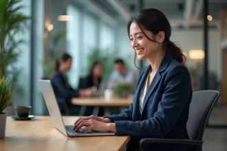 Femme professionnelle souriante qui envoie un emoji merci sur son ordinateur portable dans un bureau moderne en open space