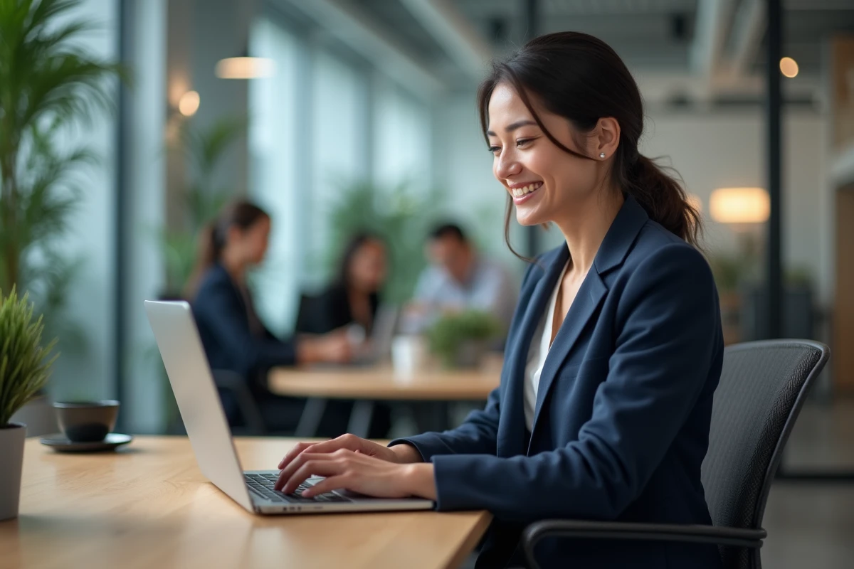 Femme professionnelle souriante qui envoie un emoji merci sur son ordinateur portable dans un bureau moderne en open space