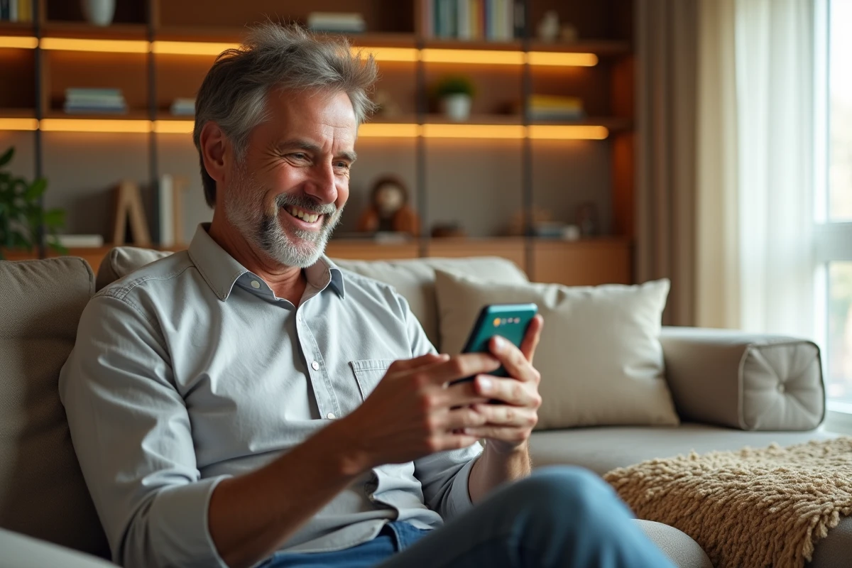 Homme détendu souriant à une conversation de SMS avec des emojis de remerciement sur son smartphone dans un salon chaleureux