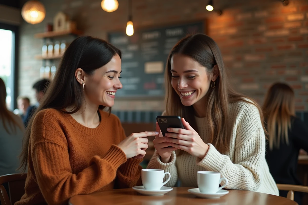 Deux jeunes femmes complices dans un café discutant du choix d'un emoji de remerciement sur un smartphone