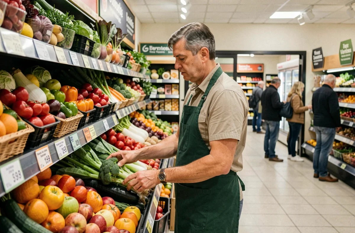 Employé de supermarché réapprovisionnant les rayons de fruits et légumes un dimanche matin
