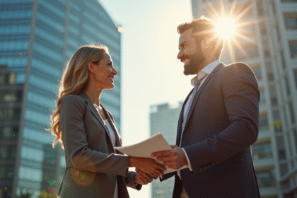 Équipe d'affaires souriante scellant un contrat devant un bâtiment moderne