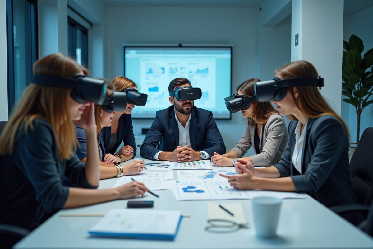 Equipe créative utilisant la réalité virtuelle pour visualiser un modele digital
