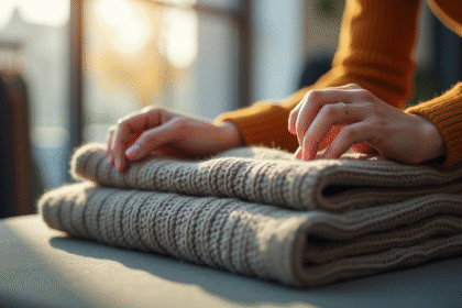 Gros plan sur des mains examinant un pull plié dans un magasin lumineux