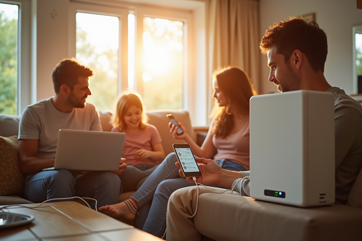 Famille dans un salon lumineux utilisant une batterie domestique