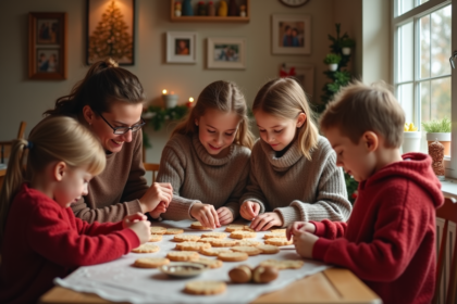 Famille décorant des biscuits de Noël ensemble