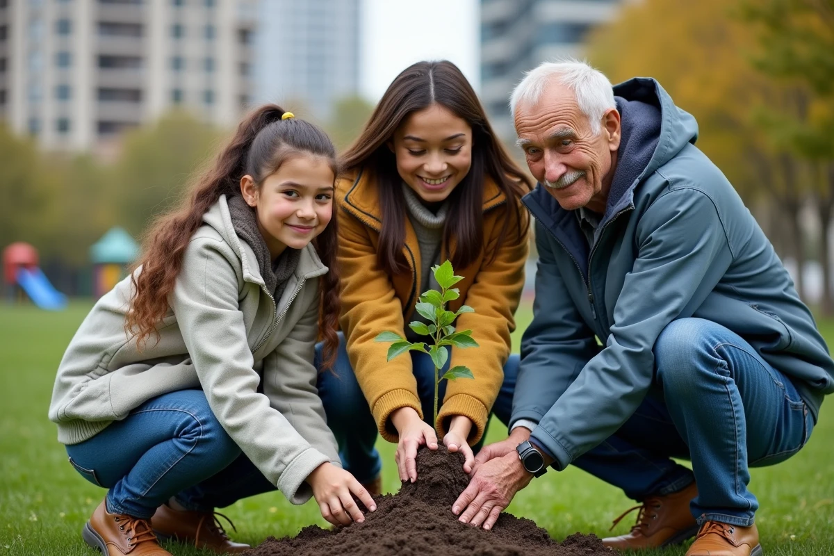 Famille intergénérationnelle plantant un arbre dans un parc urbain