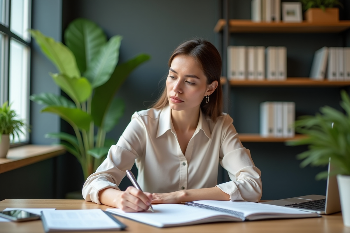 Femme d affaires concentrée à son bureau moderne
