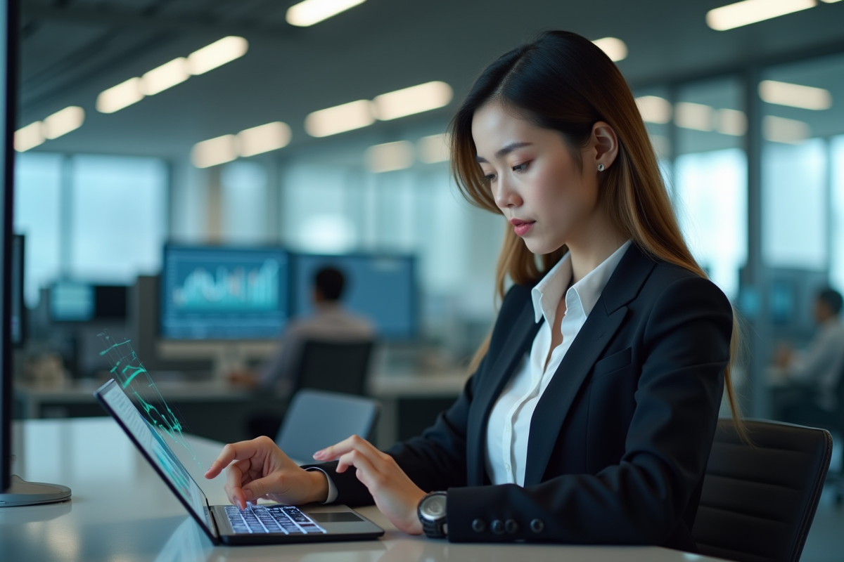 Jeune femme d'affaires utilisant une tablette avec graphiques financiers