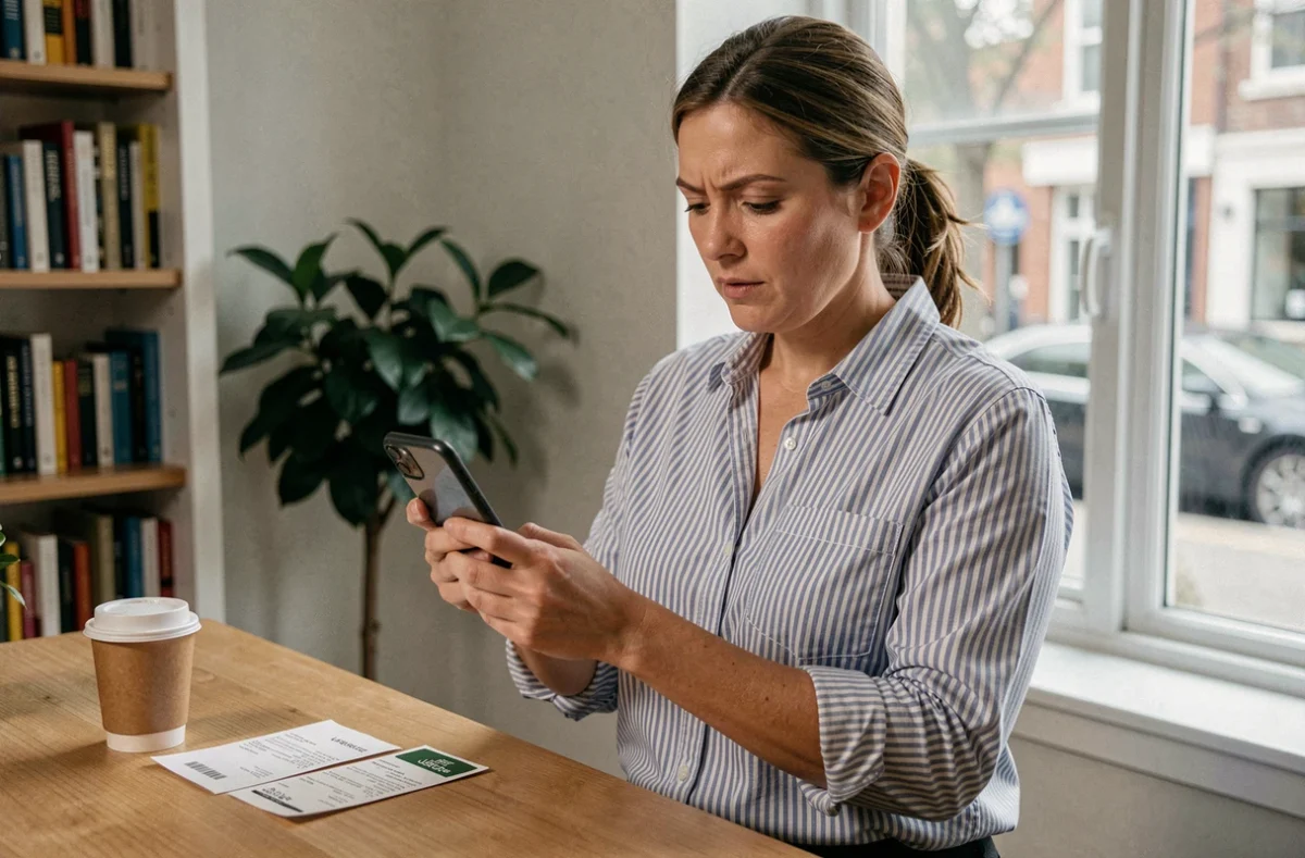 Femme consultant l'application Uber Eats sur smartphone dans un bureau à domicile pour contacter le service client