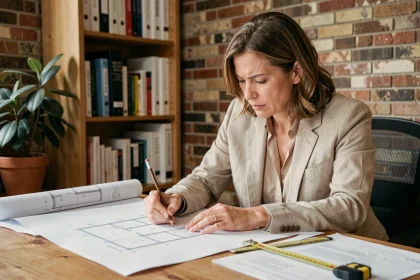Femme architecte annotant un plan de surface en m2 sur un bureau en bois avec mètre ruban et documents techniques