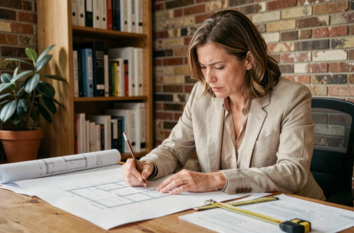 Femme architecte annotant un plan de surface en m2 sur un bureau en bois avec mètre ruban et documents techniques